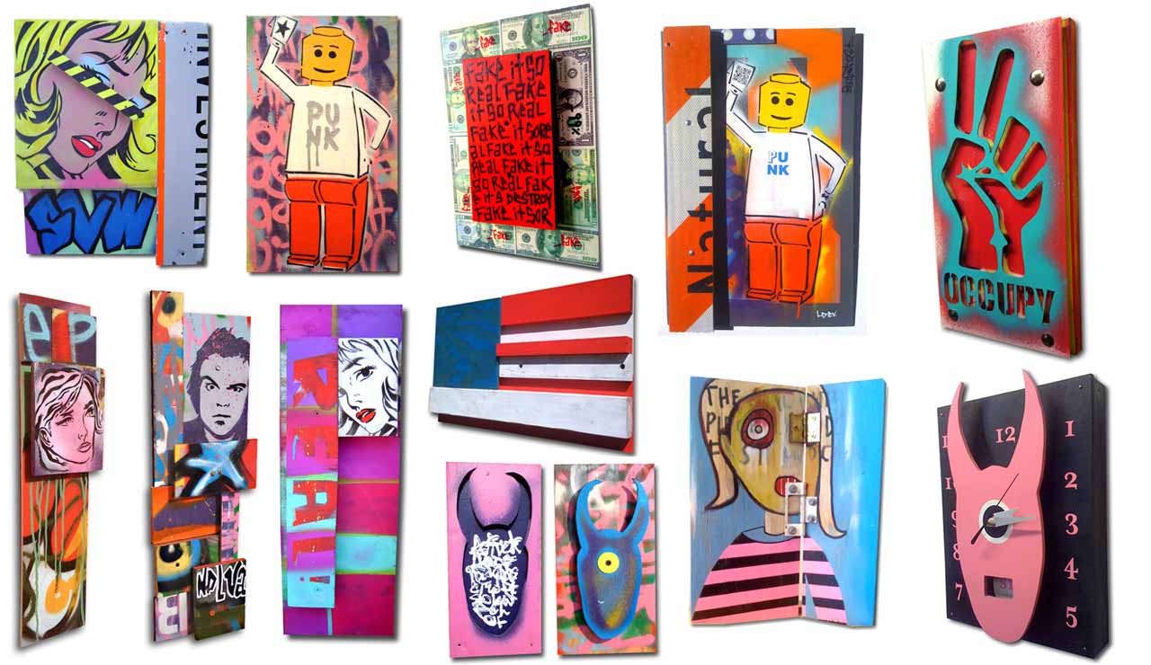 mixed media assemblage wall art on reclaimed wood with street sign elements